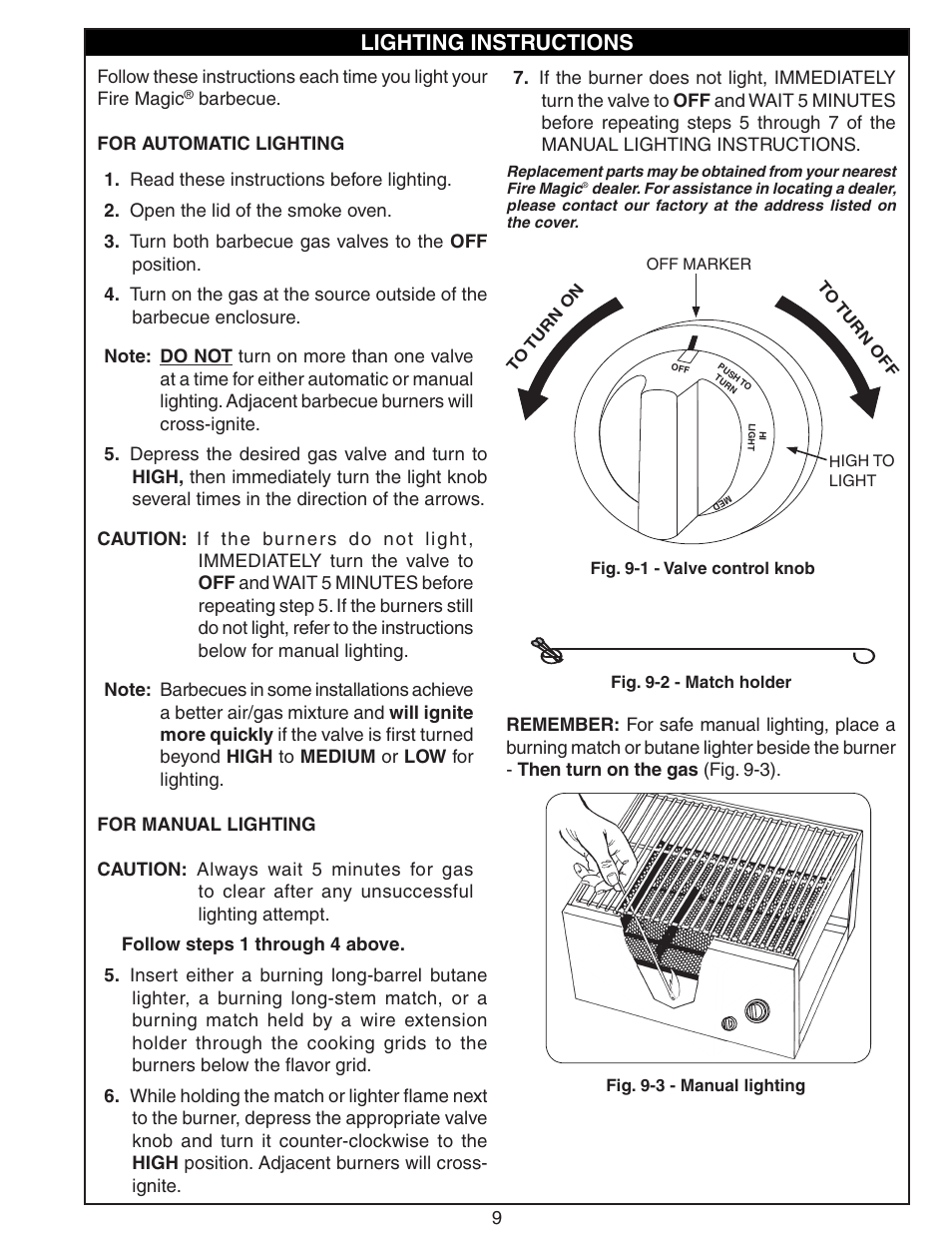 Lighting instructions | Fire Magic Deluxe Classic Series 42,000 BTU User Manual | Page 9 / 10