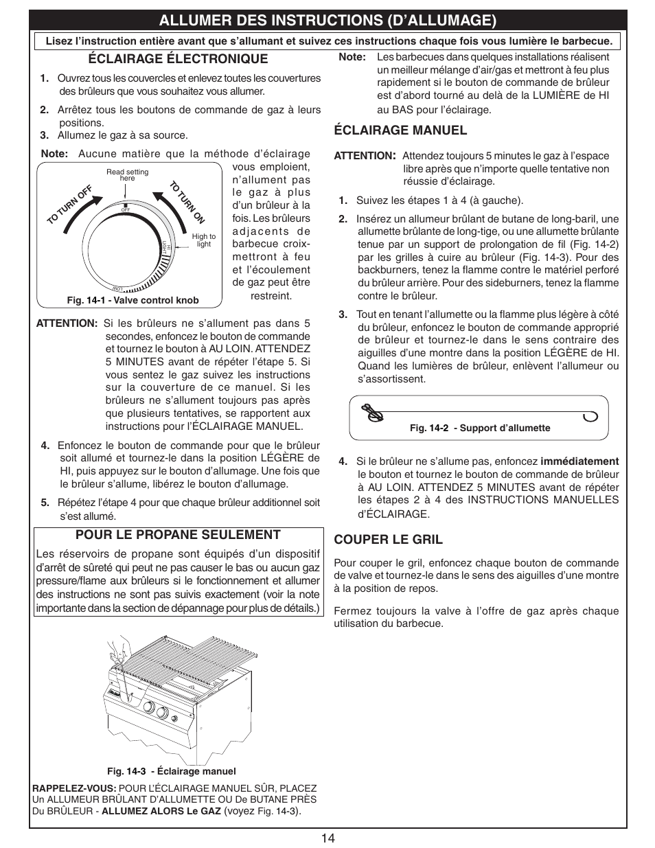 Allumer des instructions (d’allumage), 14 éclairage électronique, Pour le propane seulement | Éclairage manuel, Couper le gril | Fire Magic Deluxe Gourmet Unibody Slide-In 11 Series User Manual | Page 14 / 20
