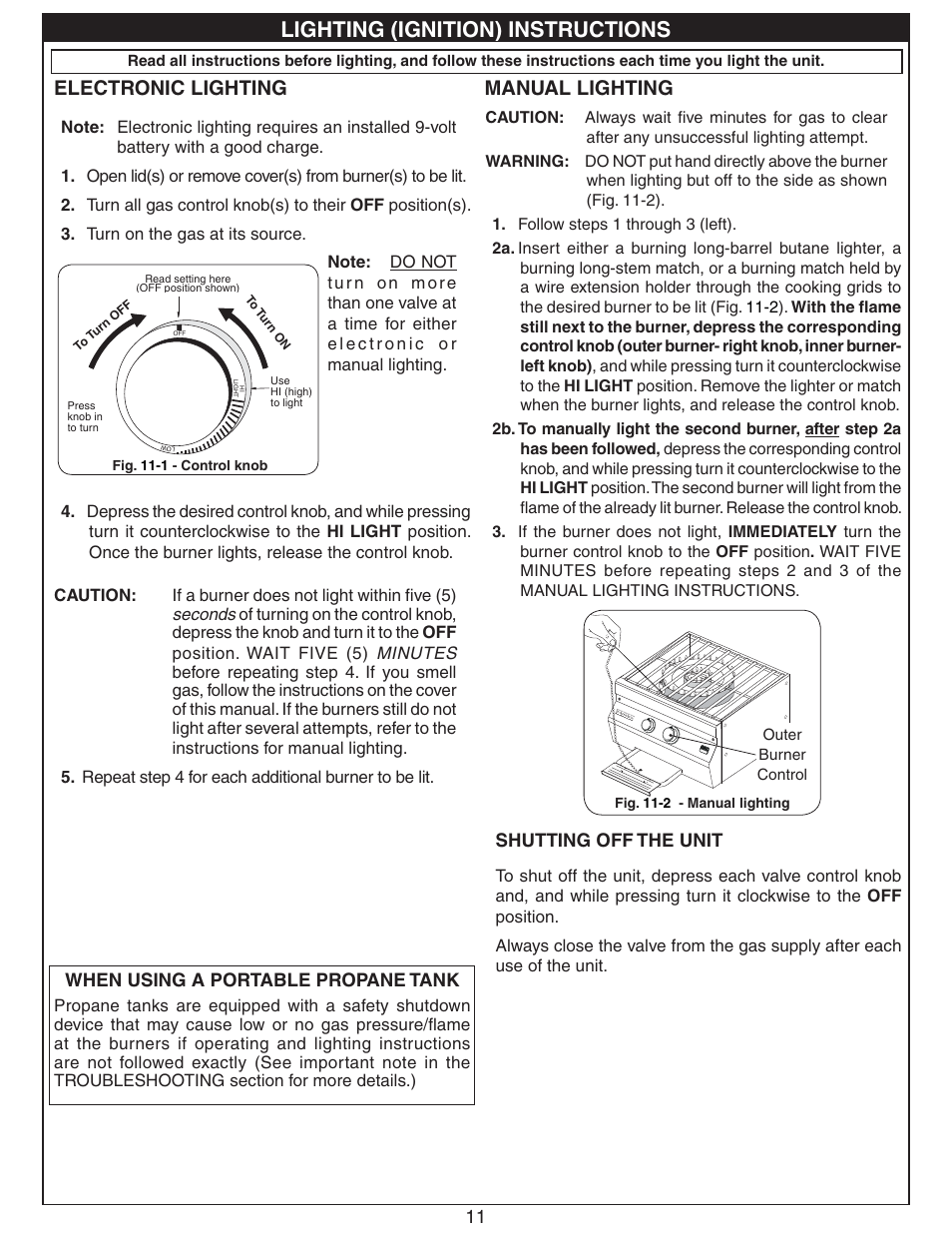 Lighting (ignition) instructions, Electronic lighting, Manual lighting | 11 shutting off the unit, When using a portable propane tank | Fire Magic Gourmet Power Burner Slide-In User Manual | Page 11 / 16