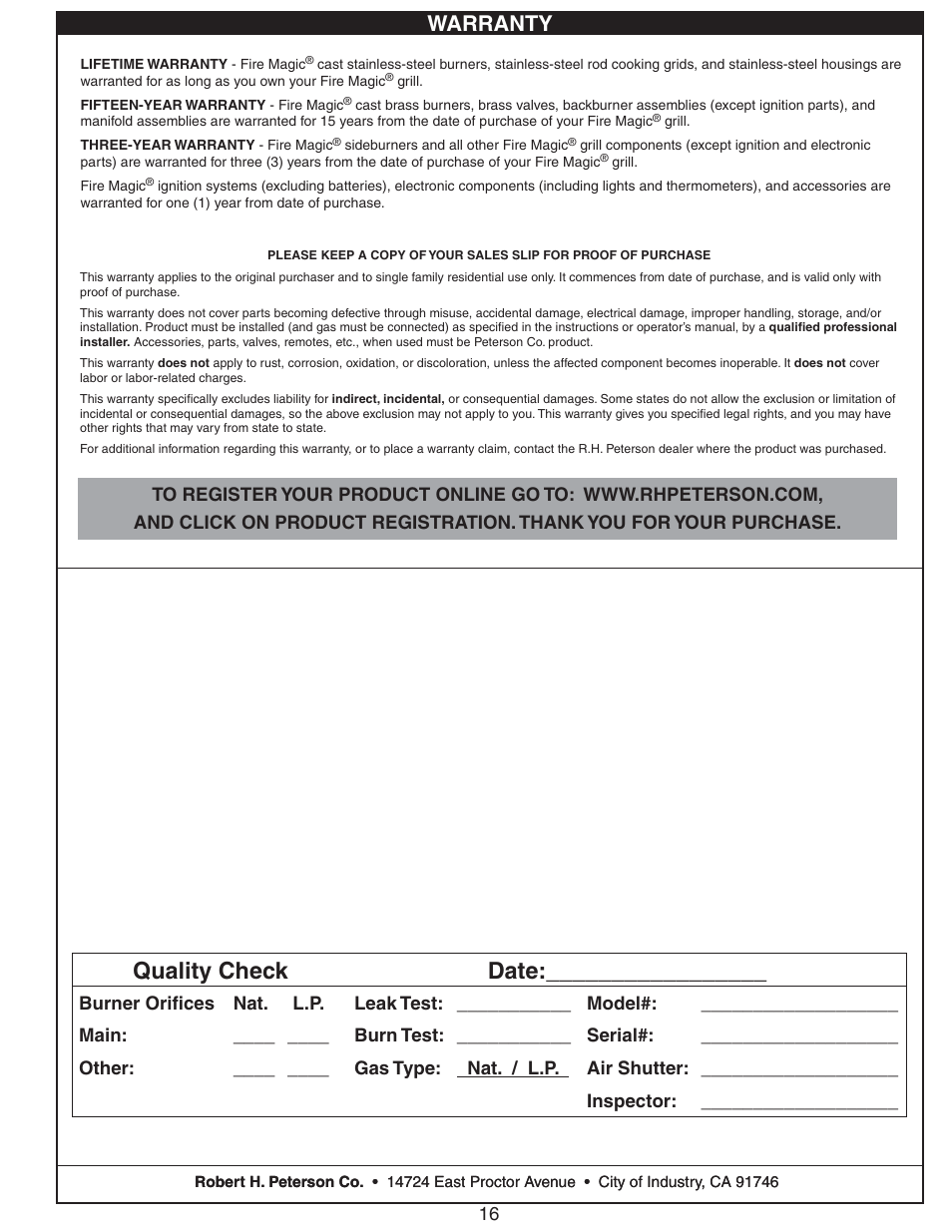 Quality check date, Warranty | Fire Magic Gourmet Power Burner Slide-In User Manual | Page 16 / 16