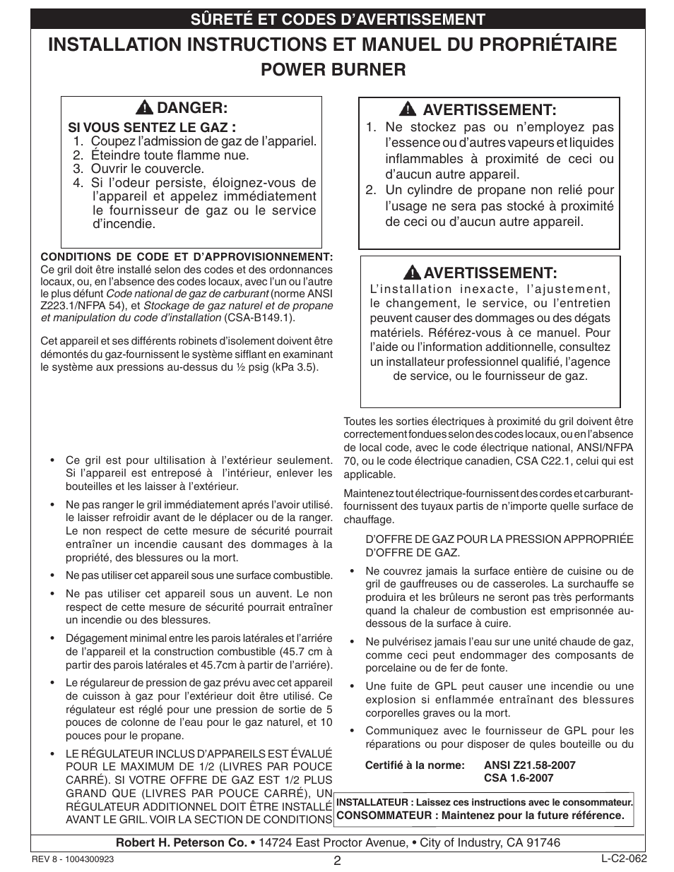 Power burner, Danger, Avertissement | Sûreté et codes d’avertissement | Fire Magic Gourmet Power Burner Slide-In User Manual | Page 2 / 16