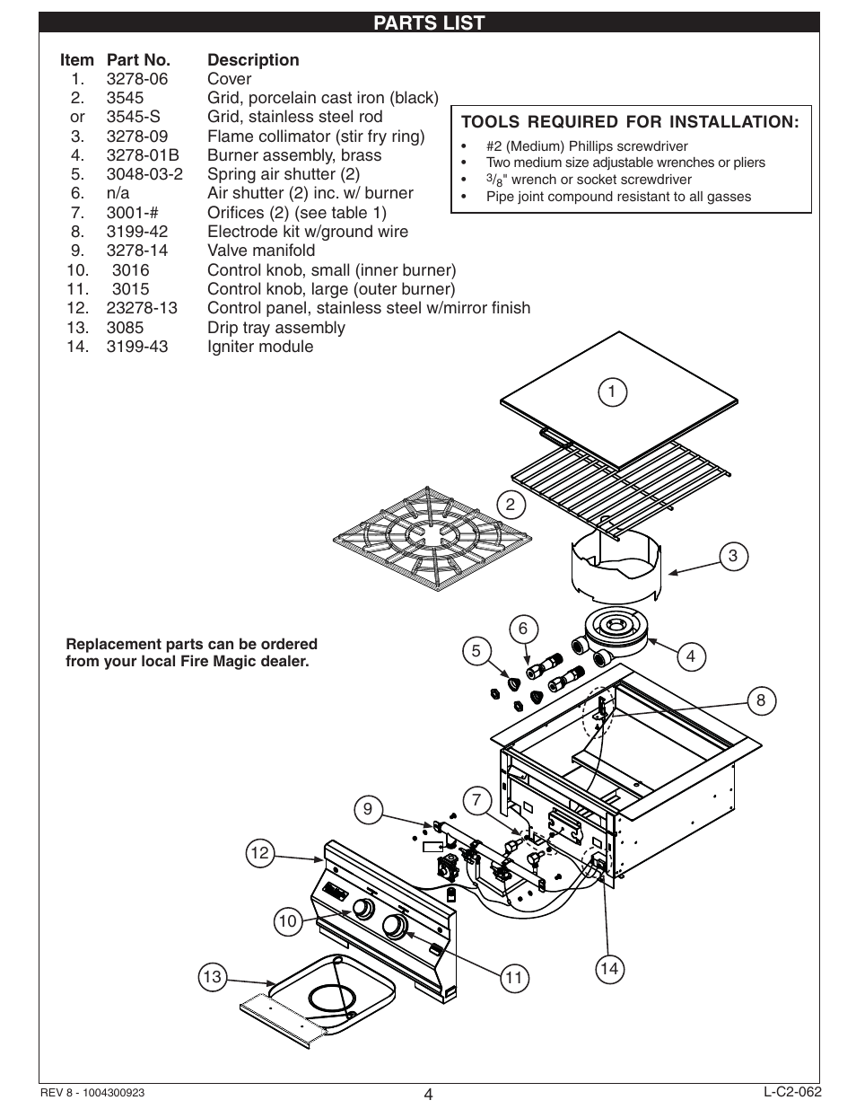 Parts list | Fire Magic Gourmet Power Burner Slide-In User Manual | Page 4 / 16