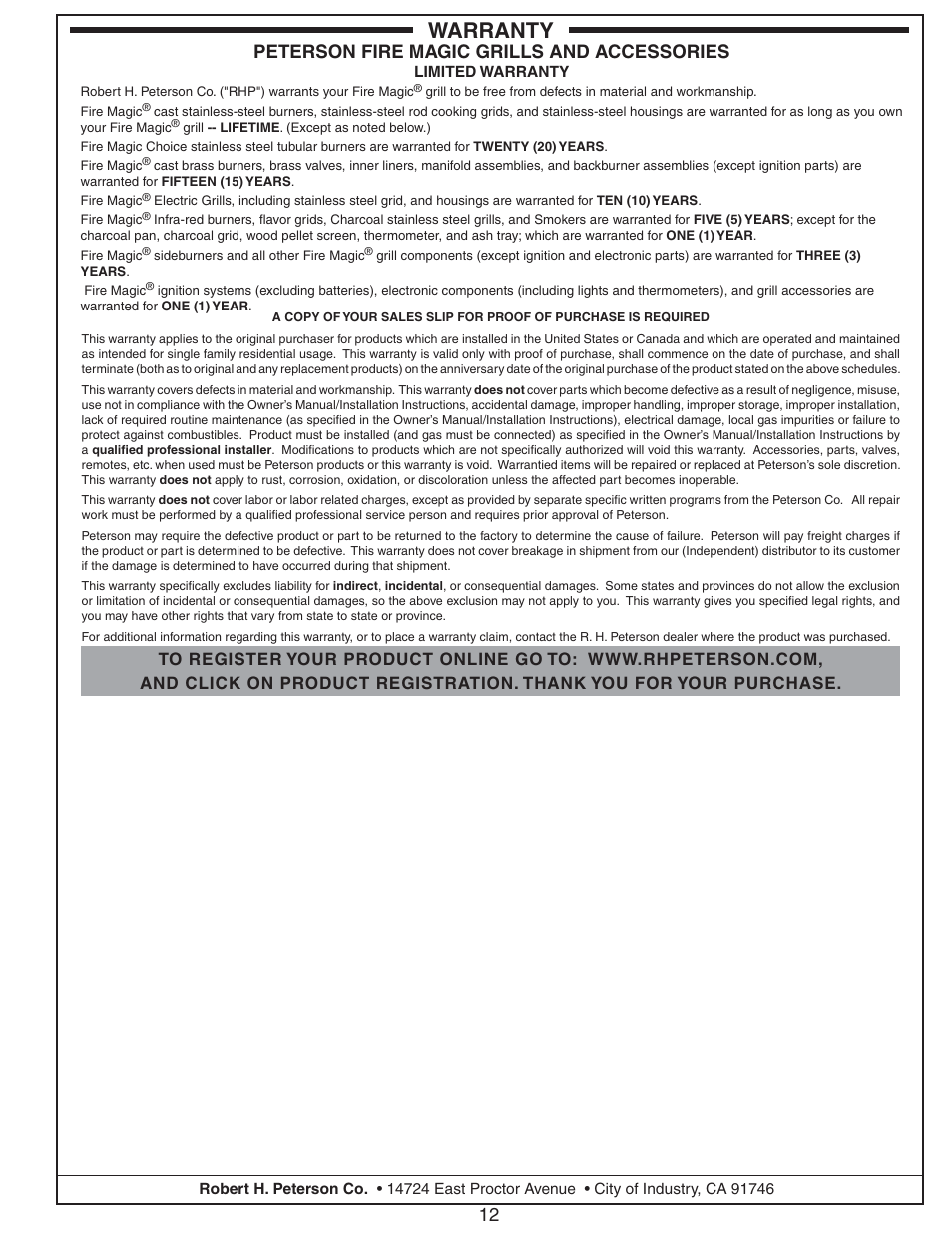 Warranty, Peterson fire magic grills and accessories | Fire Magic 2D-SSA Beverage Center User Manual | Page 12 / 12