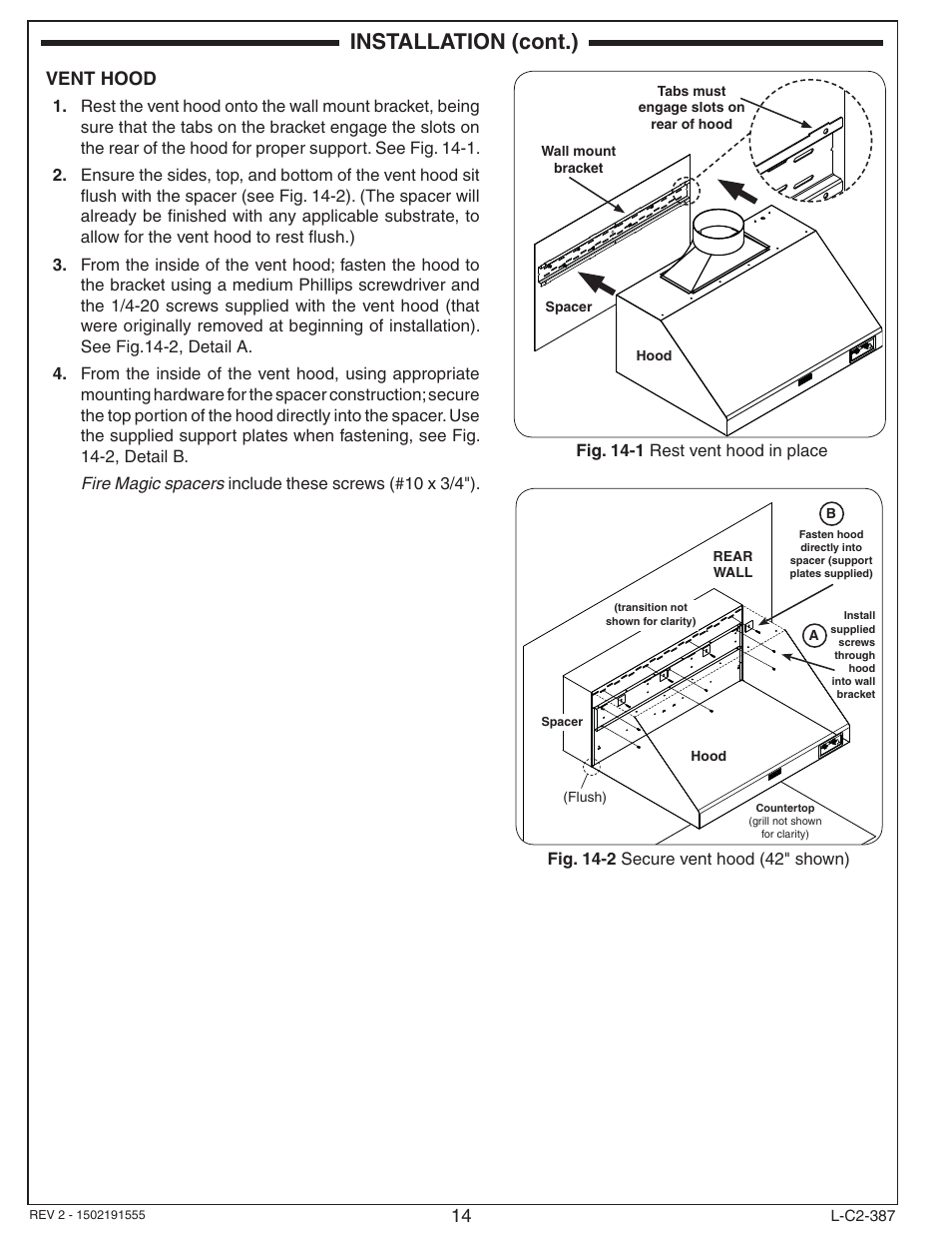 Installation (cont.), 14 vent hood | Fire Magic 36-VH Vent Hood User Manual | Page 14 / 26