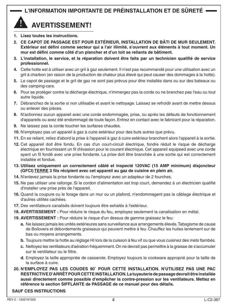 Avertissement | Fire Magic 36-VH Vent Hood User Manual | Page 4 / 26