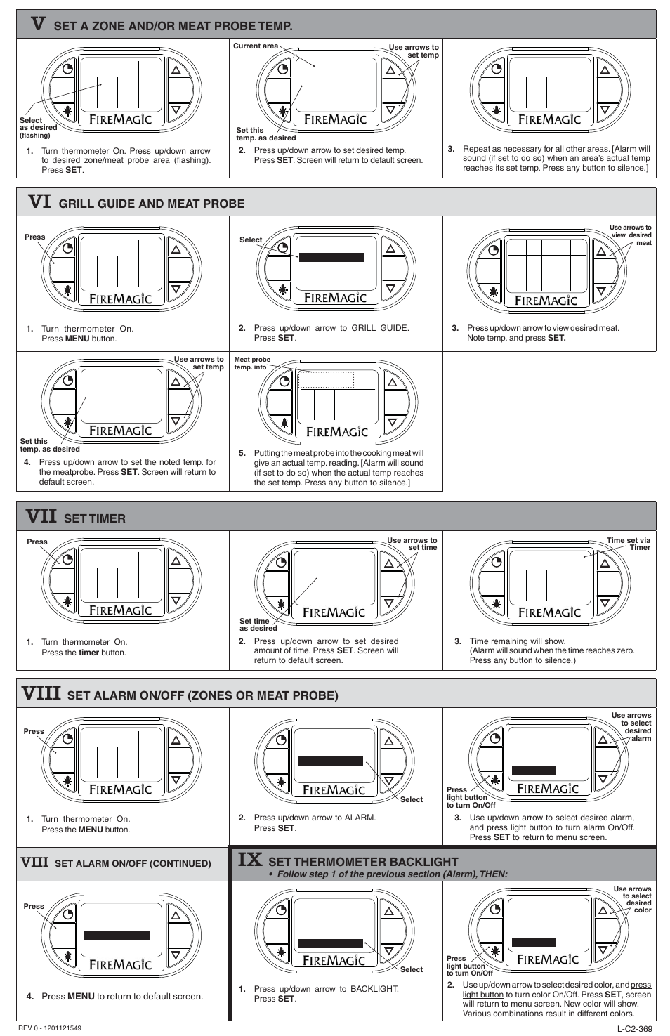 Viii, 00 timer, Set thermometer backlight | Set a zone and/or meat probe temp, Grill guide and meat probe, Set timer, Set alarm on/off (zones or meat probe), Zone 1, Meatprobe, Backlight | Fire Magic Echelon Diamond Thermometer Guide User Manual | Page 2 / 2
