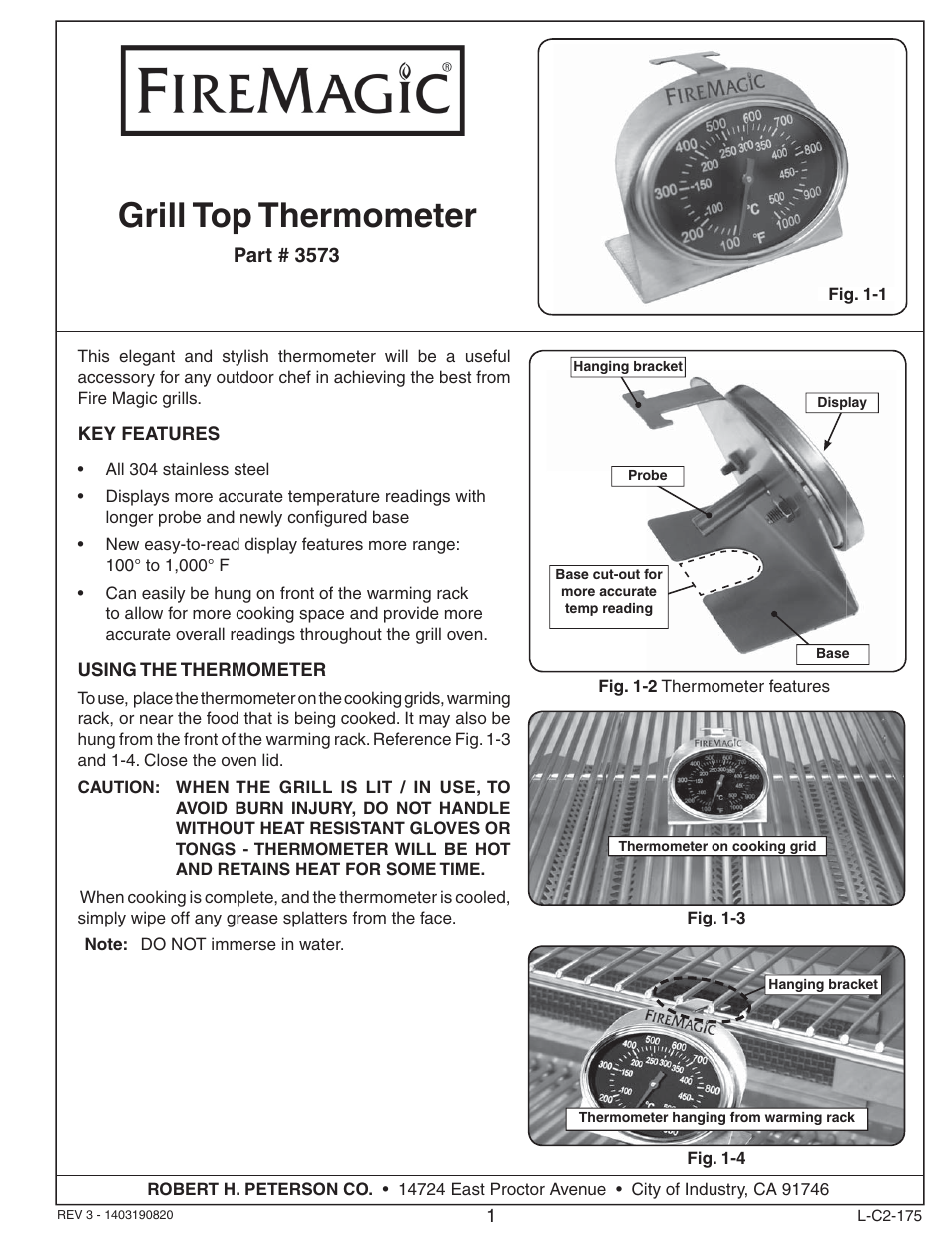 Fire Magic 3573 Analog BBQ Thermometer User Manual | 1 page