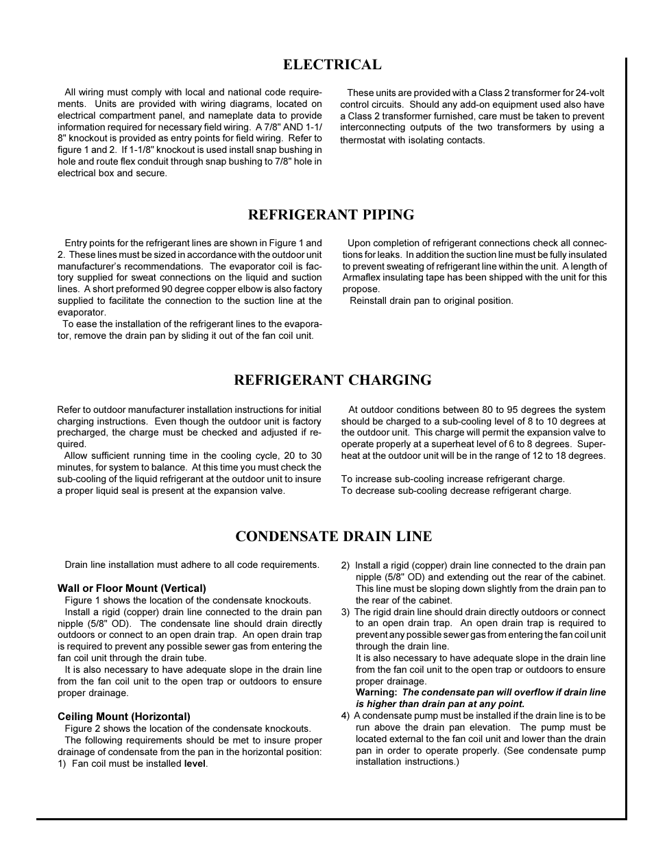 Condensate drain line, Electrical, Refrigerant piping | Refrigerant charging | First Co DFCH Ductless Fan Coil Upflow / Horizontal Heat Pump or DX - 1.5 to 2.5 tons User Manual | Page 3 / 4