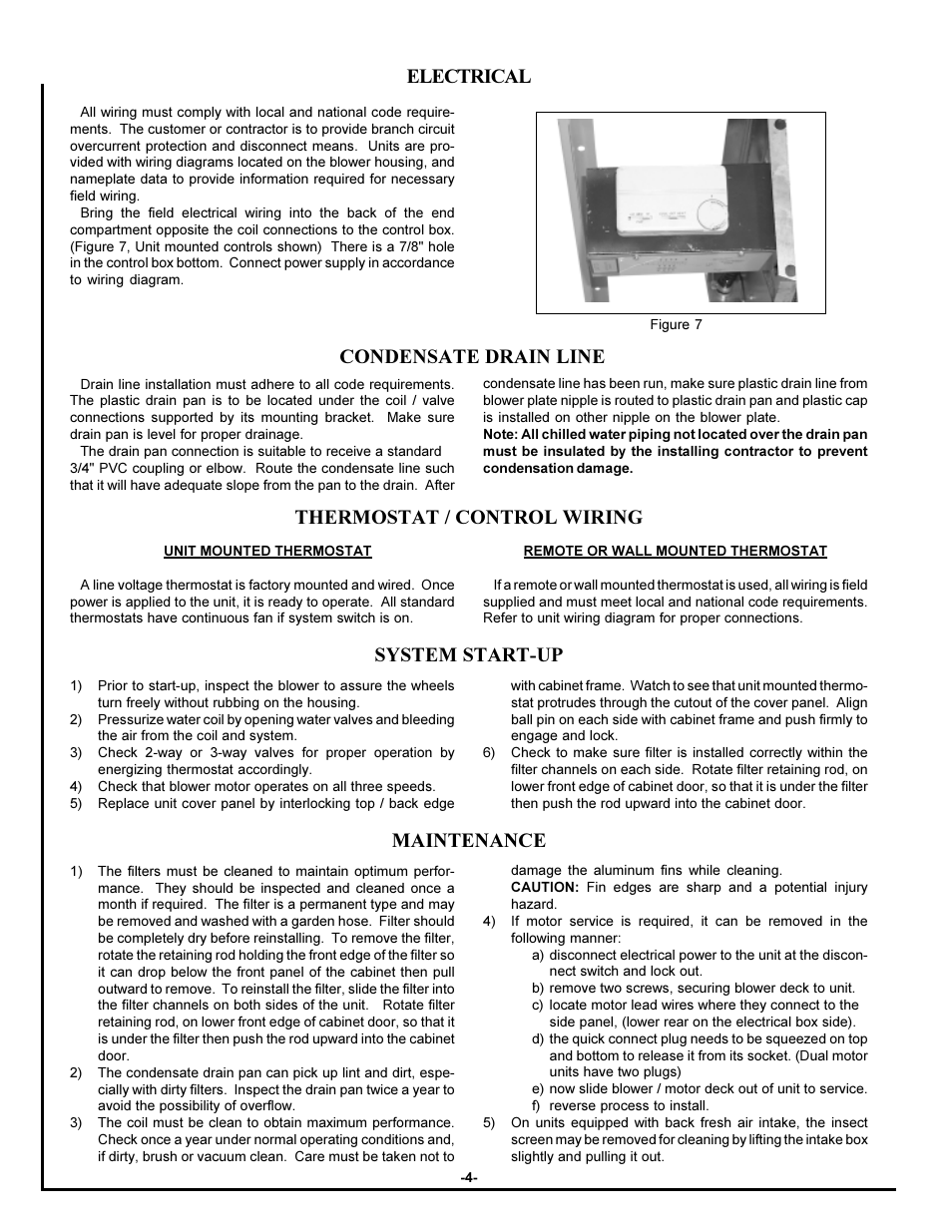 Maintenance, Condensate drain line, System start-up | Thermostat / control wiring, Electrical | First Co VCB User Manual | Page 4 / 4