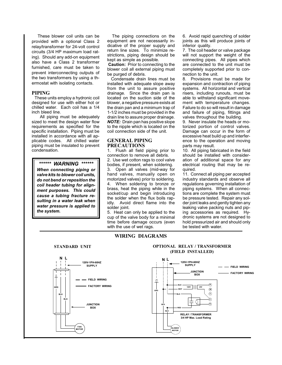 Warning, Piping, General piping precautions | Wiring diagrams | First Co SHW (2 - 20 Tons) Horizontal Chilled Water User Manual | Page 2 / 4