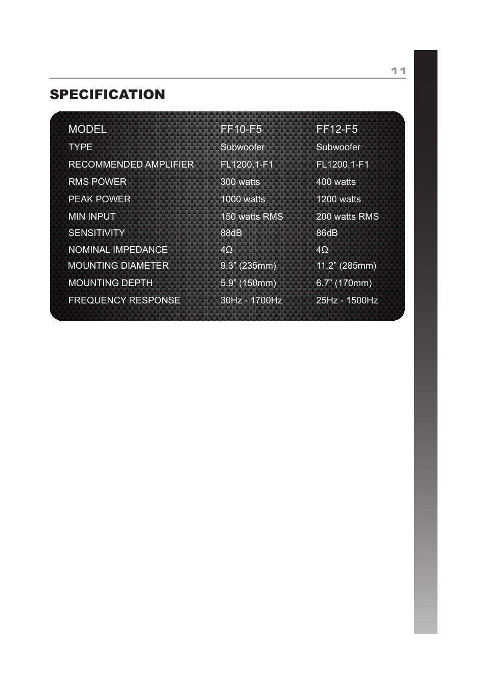 Specification | Fli Audio FF10-F5 User Manual | Page 11 / 12