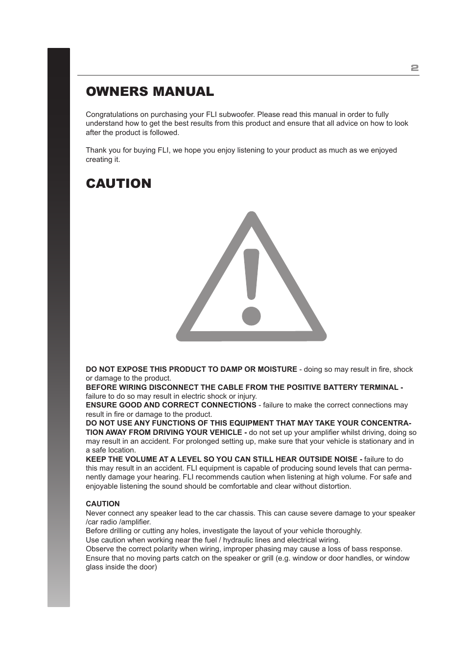 Owners manual caution | Fli Audio FF10-F5 User Manual | Page 2 / 12
