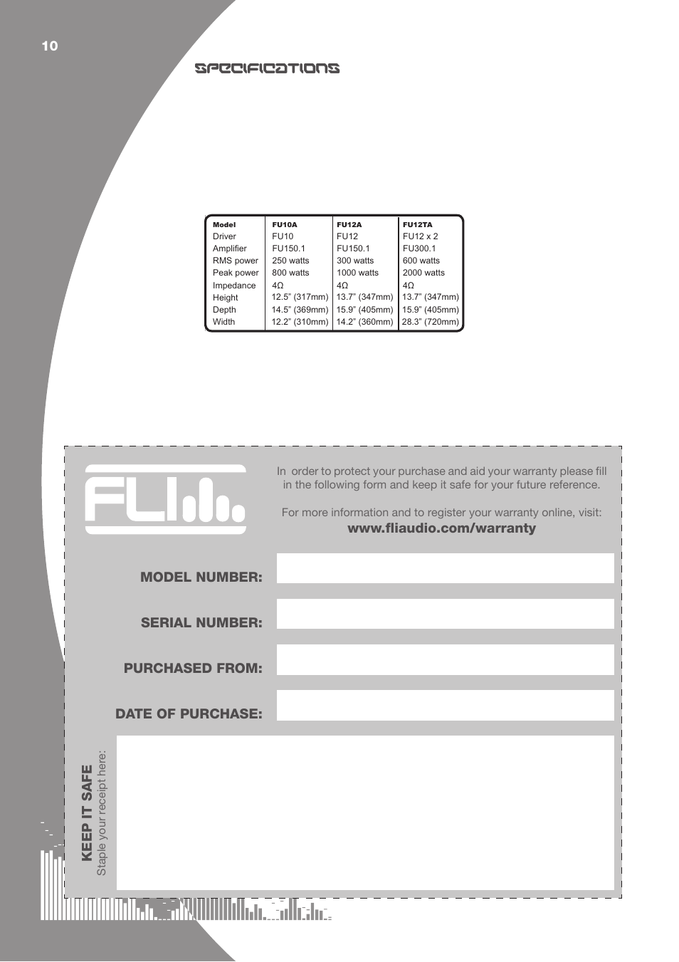10 specifications keep it safe | Fli Audio FU10A User Manual | Page 10 / 12