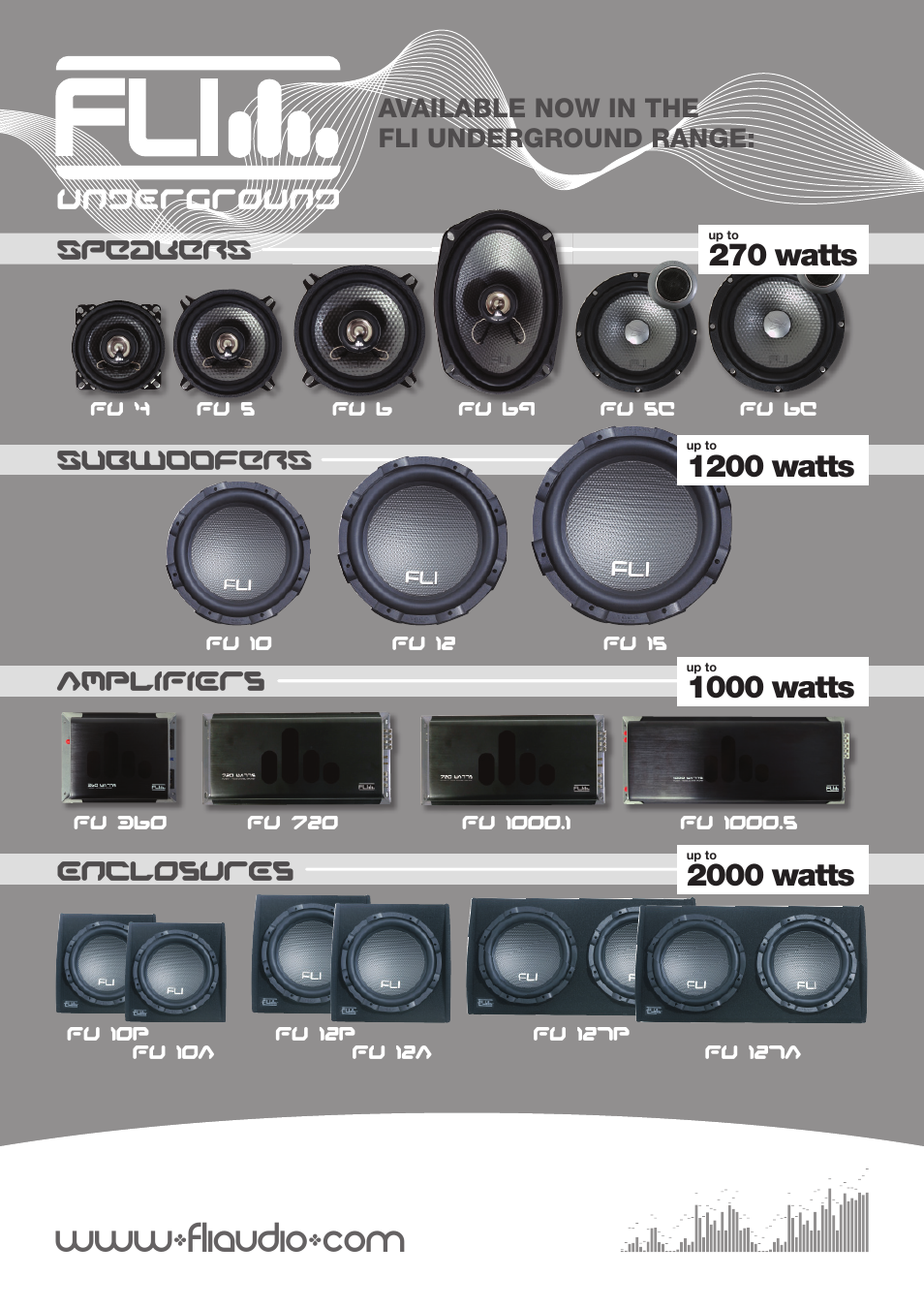 270 watts, 1200 watts, 1000 watts | 2000 watts, Underground, Available now in the fli underground range, Speakers, Subwoofers amplifiers enclosures | Fli Audio FU10A User Manual | Page 12 / 12
