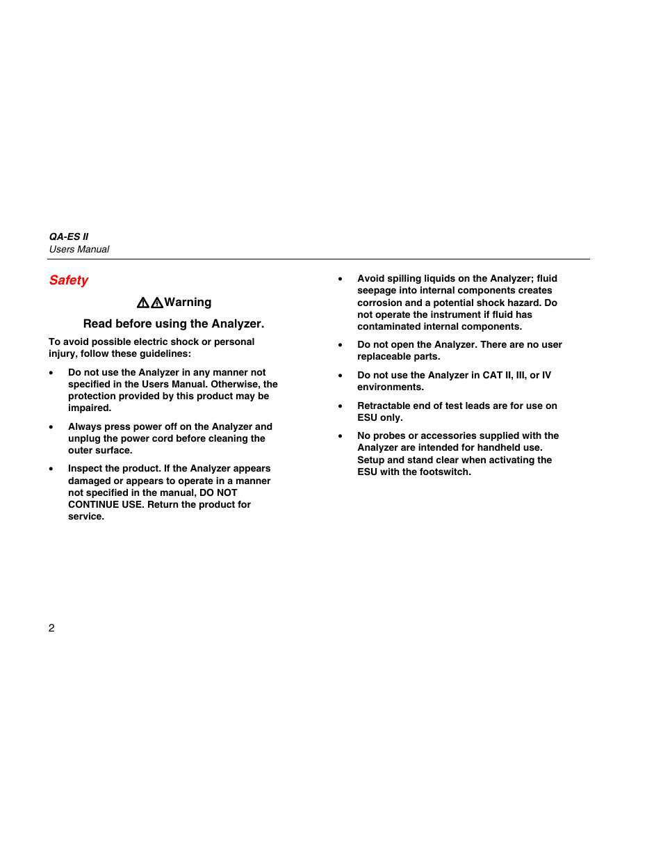 Safety | Fluke Biomedical QA-ES II User Manual | Page 12 / 34