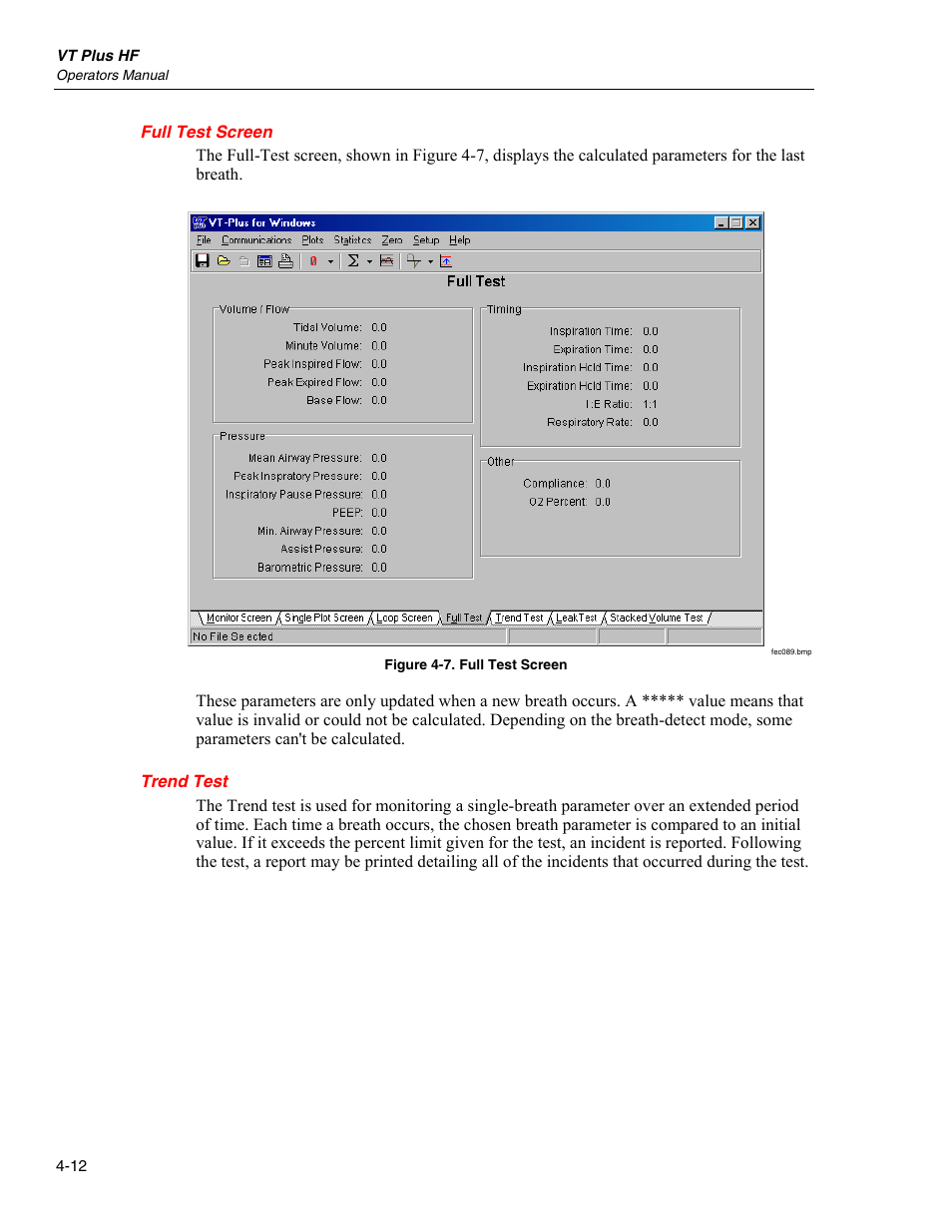 Full test screen, Trend test | Fluke Biomedical VT Plus HF User Manual | Page 96 / 142