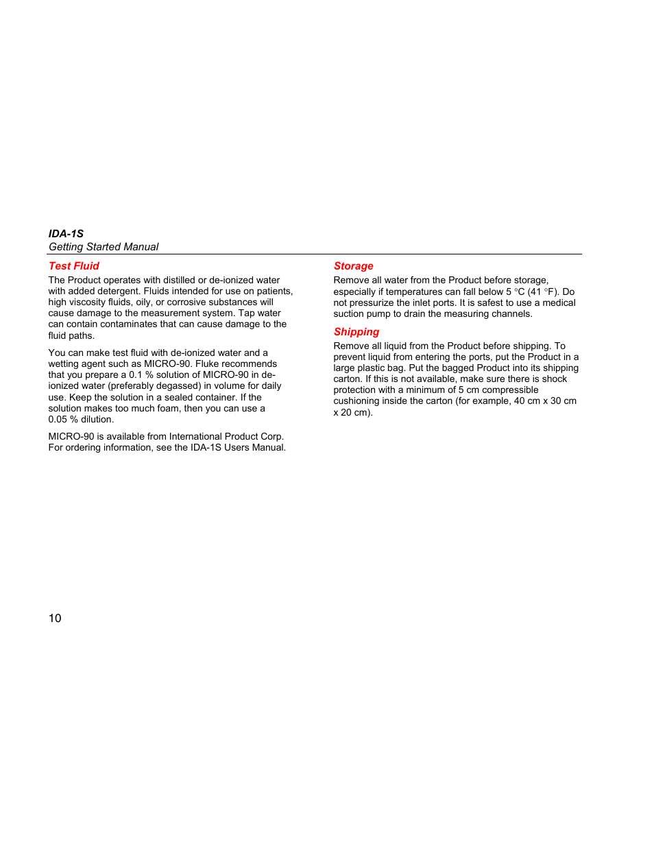 Test fluid, Storage, Shipping | Fluke Biomedical IDA-1S Getting Started User Manual | Page 18 / 20