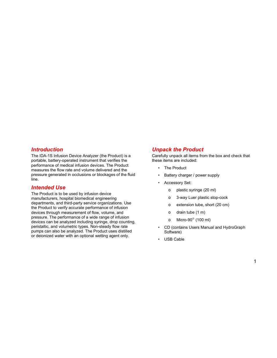 Introduction, Intended use, Unpack the product | Fluke Biomedical IDA-1S Getting Started User Manual | Page 9 / 20
