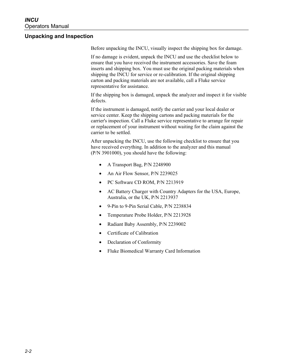 Unpacking and inspection | Fluke Biomedical INCU Incubator Analyzer User Manual | Page 22 / 72