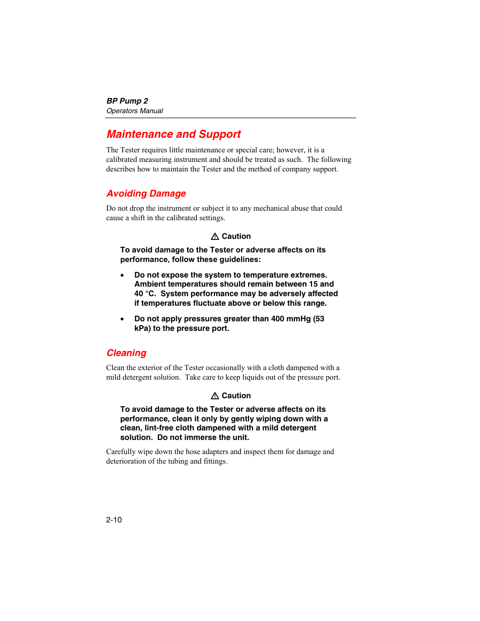 Maintenance and support, Avoiding damage, Cleaning | Fluke Biomedical BP Pump 2 User Manual | Page 34 / 82