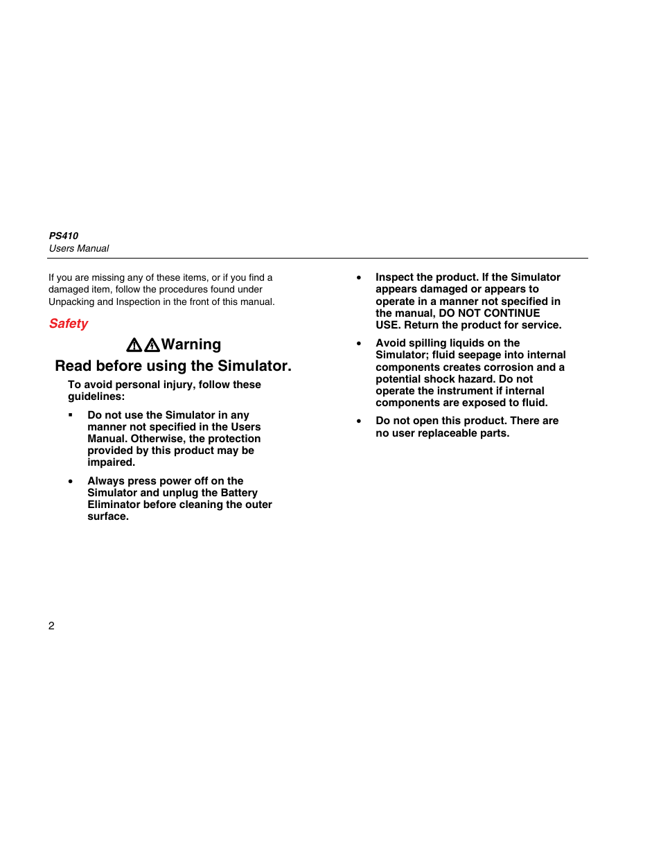 Safety, Wx warning read before using the simulator | Fluke Biomedical PS410 User Manual | Page 10 / 26
