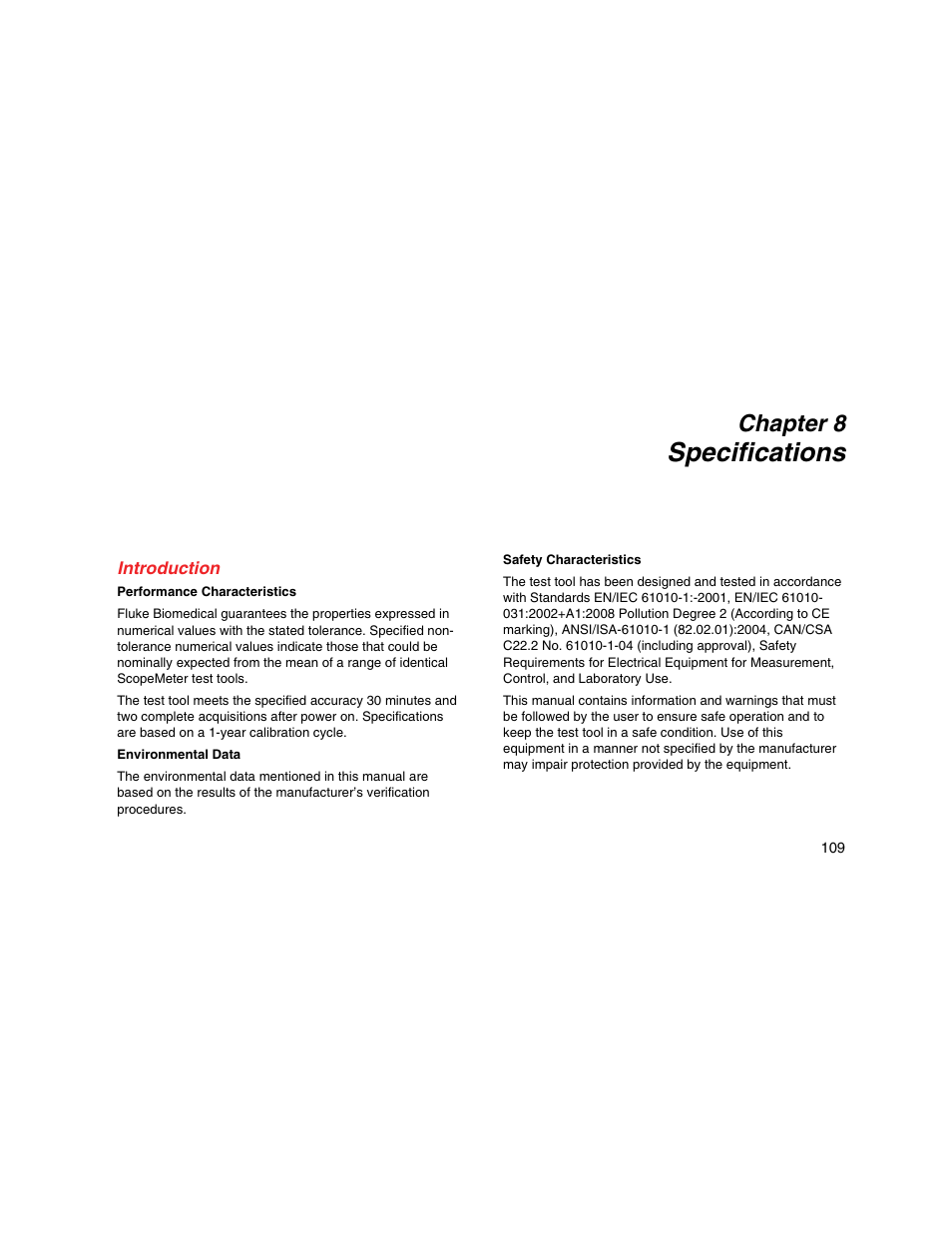 Specifications, Introduction, Chapter 8 | Fluke Biomedical 190M User Manual | Page 119 / 160