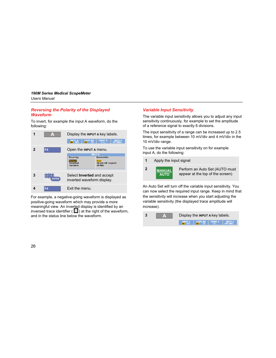 Reversing the polarity of the displayed waveform, Variable input sensitivity | Fluke Biomedical 190M User Manual | Page 36 / 160