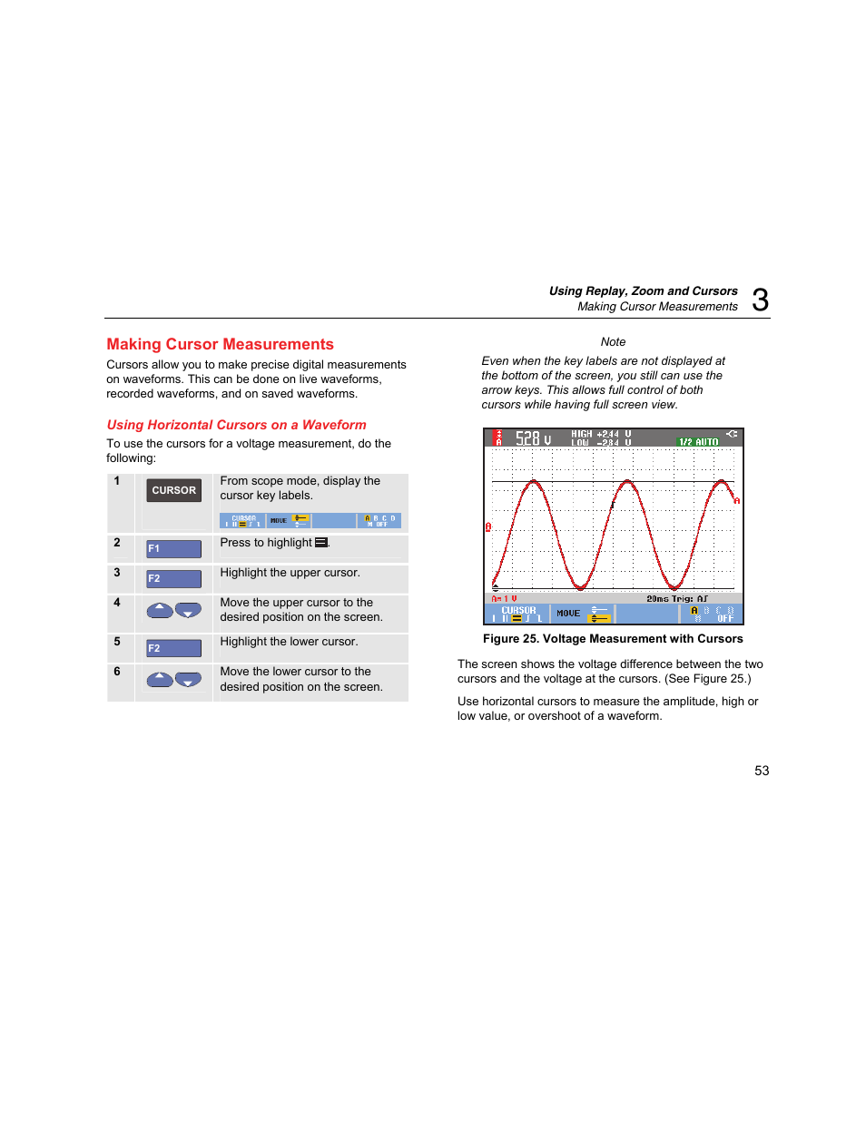 Making cursor measurements, Using horizontal cursors on a waveform | Fluke Biomedical 190M User Manual | Page 63 / 160
