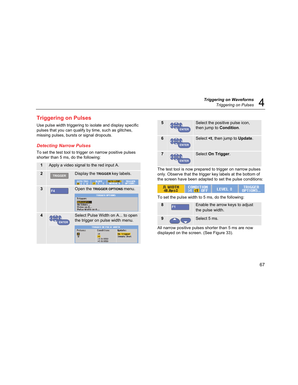 Triggering on pulses, Detecting narrow pulses | Fluke Biomedical 190M User Manual | Page 77 / 160