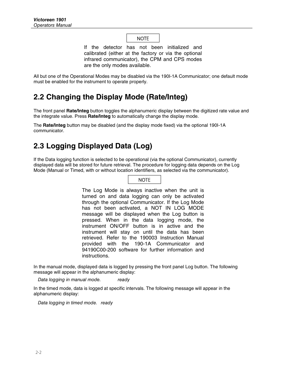 2 changing the display mode (rate/integ), 3 logging displayed data (log) | Fluke Biomedical 190I User Manual | Page 18 / 28