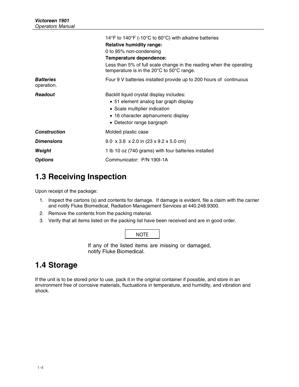 3 receiving inspection, 4 storage | Fluke Biomedical 190I User Manual | Page 8 / 28