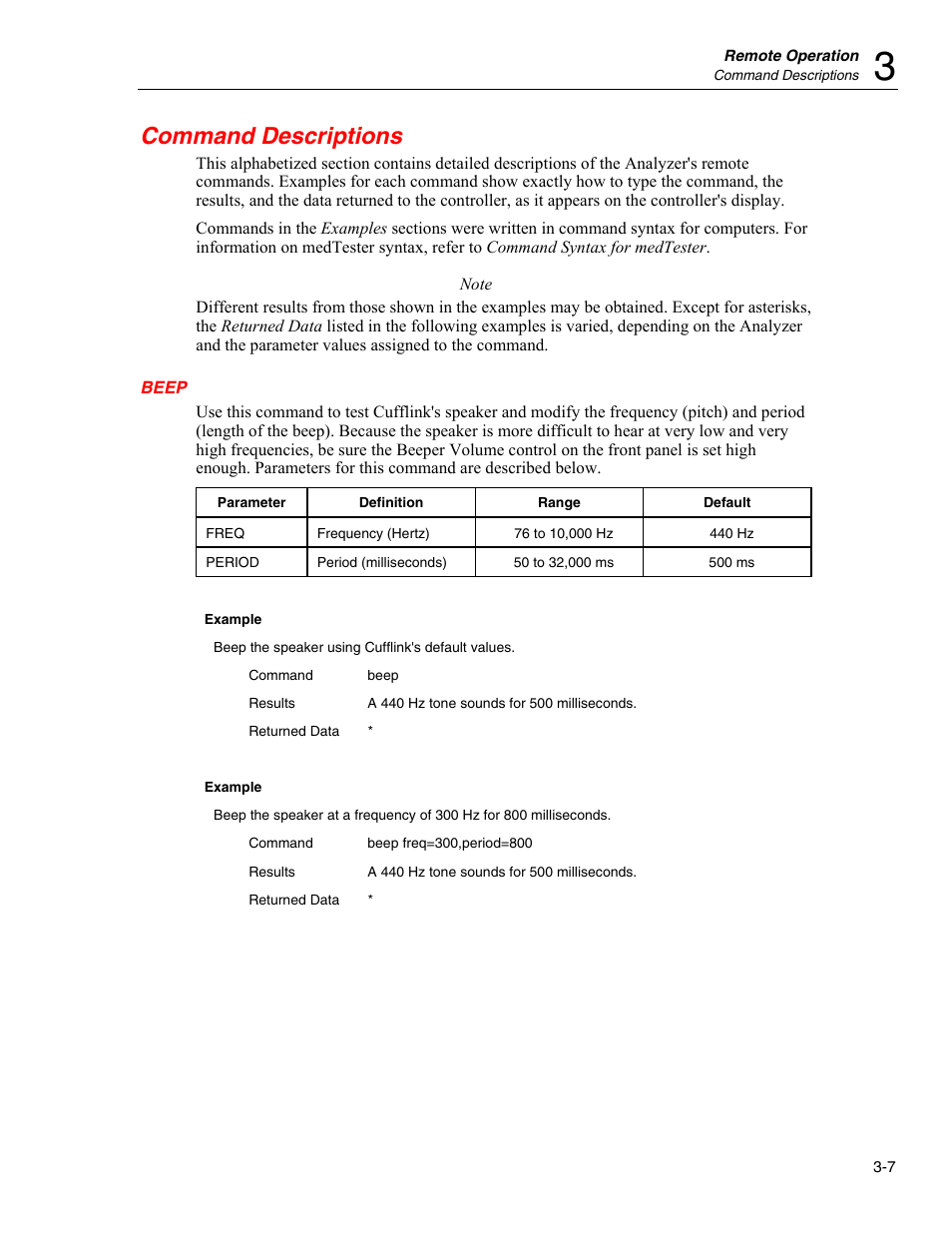Command descriptions, Beep | Fluke Biomedical Cufflink User Manual | Page 81 / 150