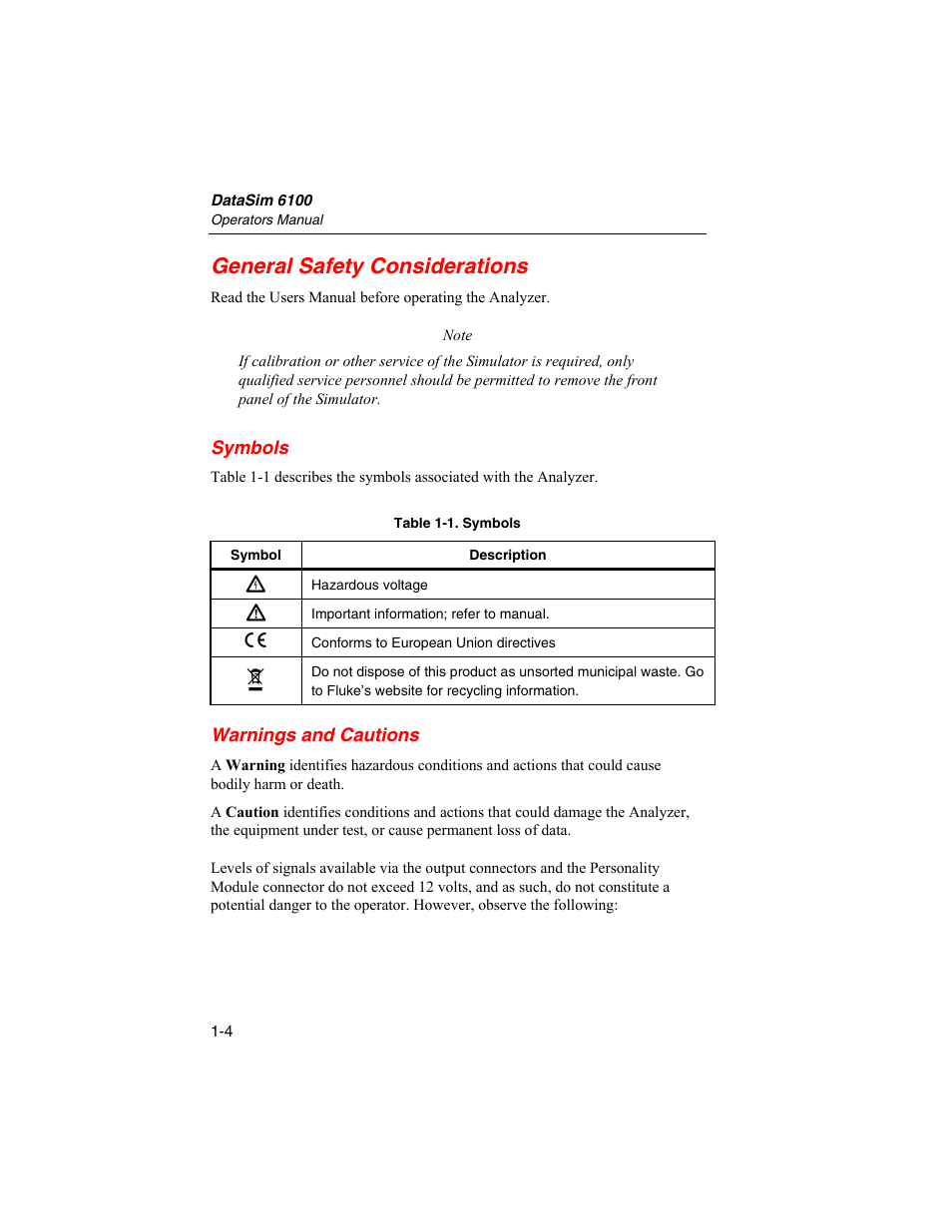 General safety considerations, Symbols, Warnings and cautions | Fluke Biomedical DataSim 6100 User Manual | Page 16 / 64