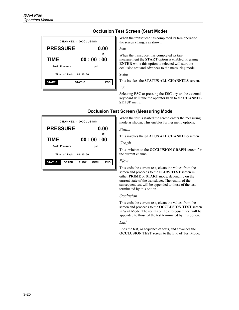 Occlusion test screen (start mode), Occlusion test screen (measuring mode, Pressure | Fluke Biomedical IDA-4 Plus User Manual | Page 42 / 74