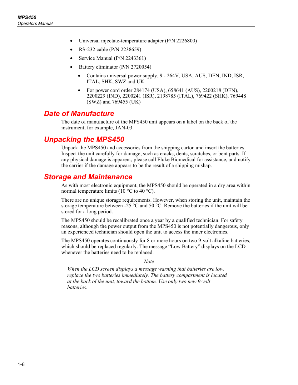 Date of manufacture, Unpacking the mps450, Storage and maintenance | Fluke Biomedical MPS450 User Manual | Page 20 / 126