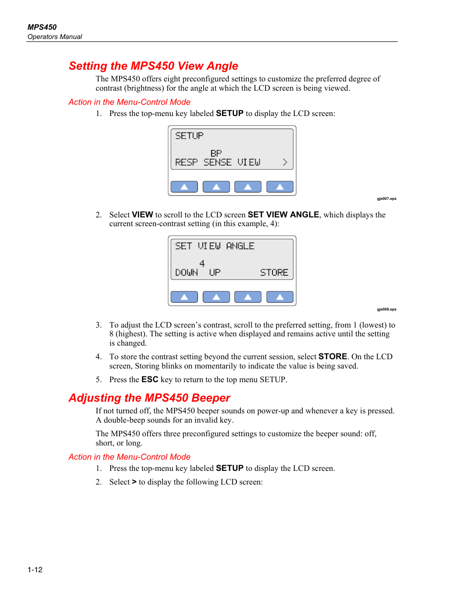 Setting the mps450 view angle, Adjusting the mps450 beeper | Fluke Biomedical MPS450 User Manual | Page 26 / 126