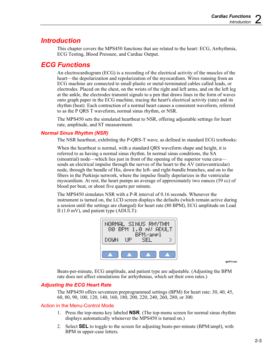 Introduction, Ecg functions, Normal sinus rhythm (nsr) | Adjusting the ecg heart rate | Fluke Biomedical MPS450 User Manual | Page 35 / 126