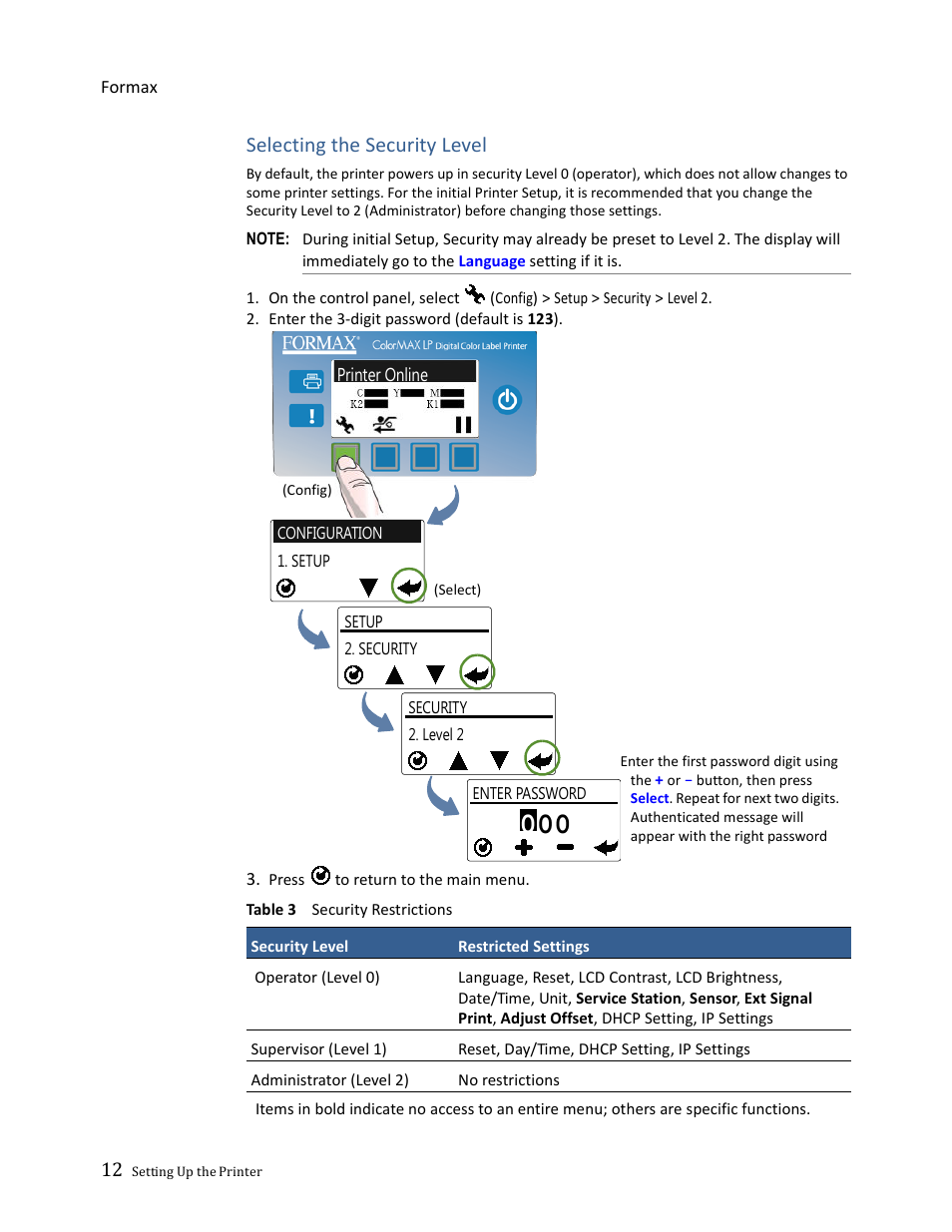 Selecting the security level | Formax ColorMaxLP Operator Manual User Manual | Page 12 / 86