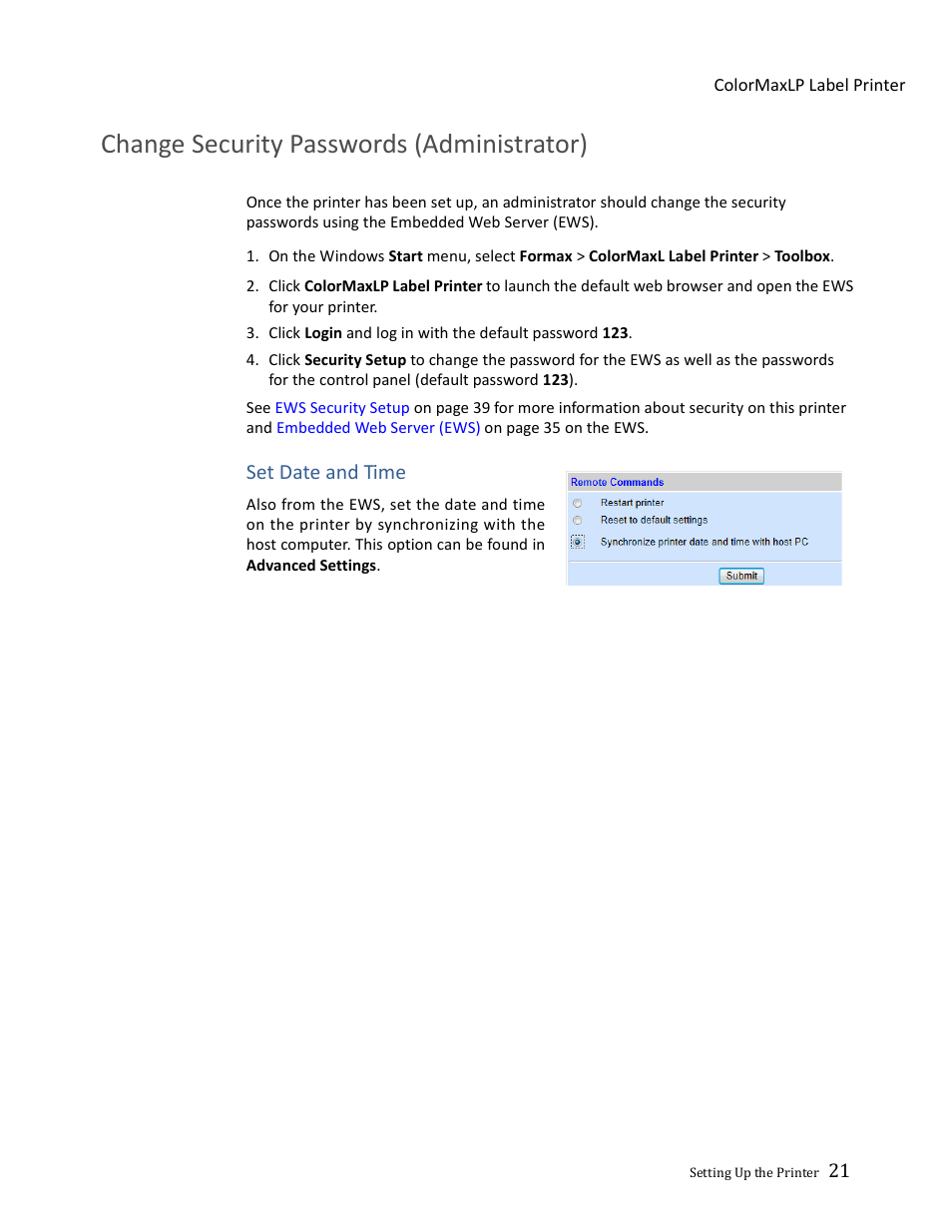 Change security passwords (administrator) | Formax ColorMaxLP Operator Manual User Manual | Page 21 / 86