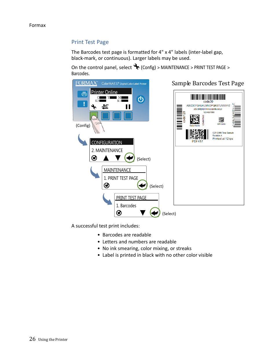 Print test page, Sample barcodes test page | Formax ColorMaxLP Operator Manual User Manual | Page 26 / 86