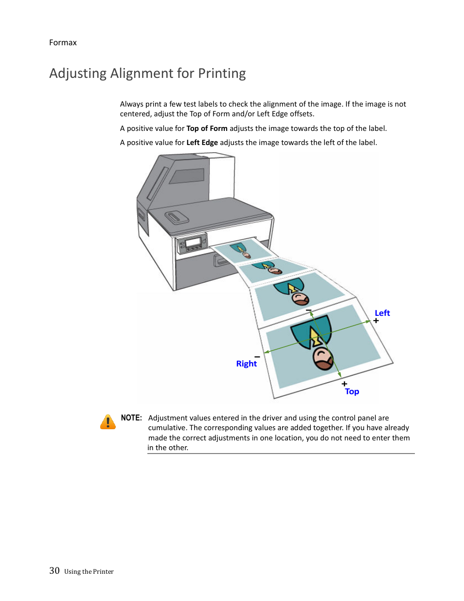 Adjusting alignment for printing | Formax ColorMaxLP Operator Manual User Manual | Page 30 / 86