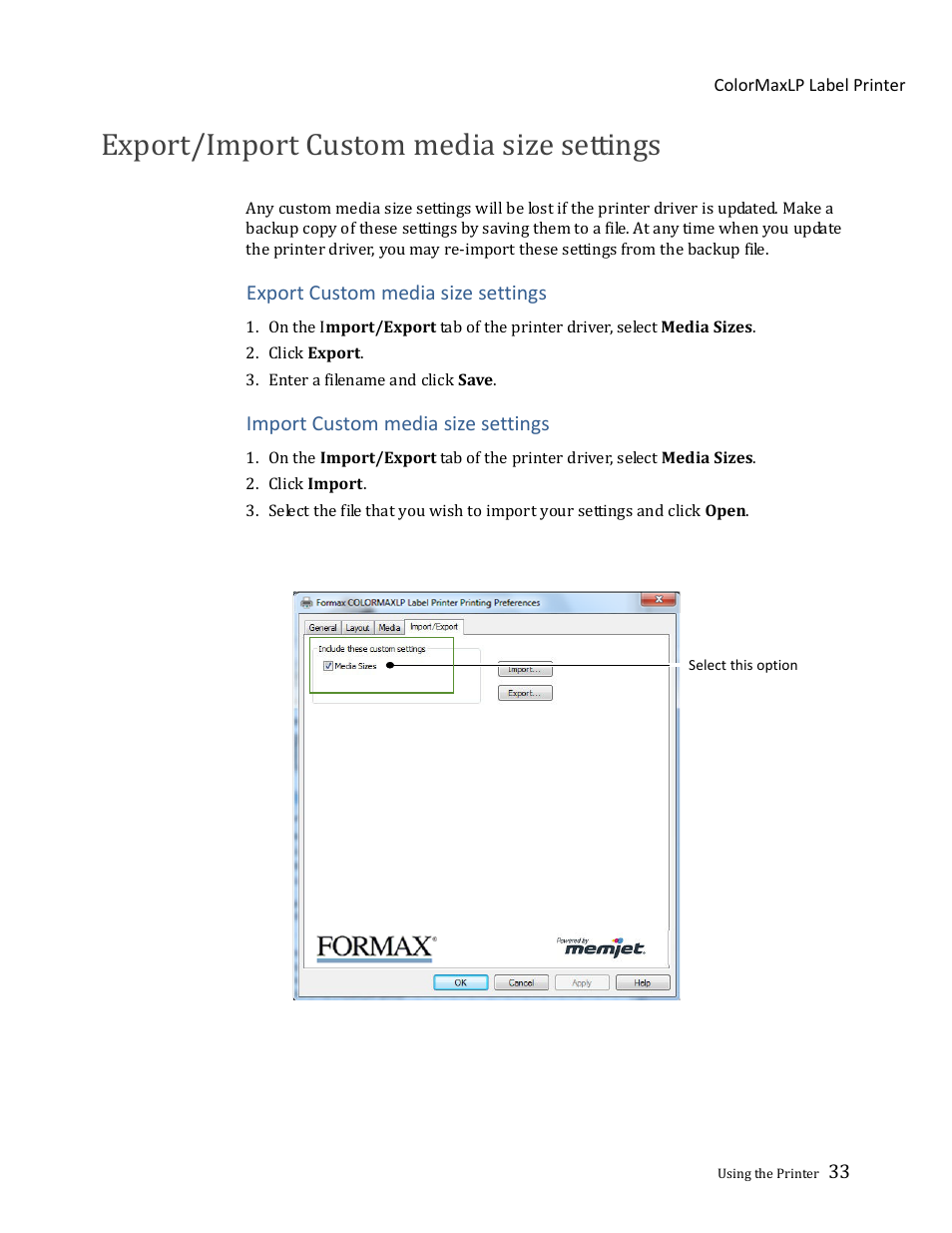Export/import custom media size settings | Formax ColorMaxLP Operator Manual User Manual | Page 33 / 86