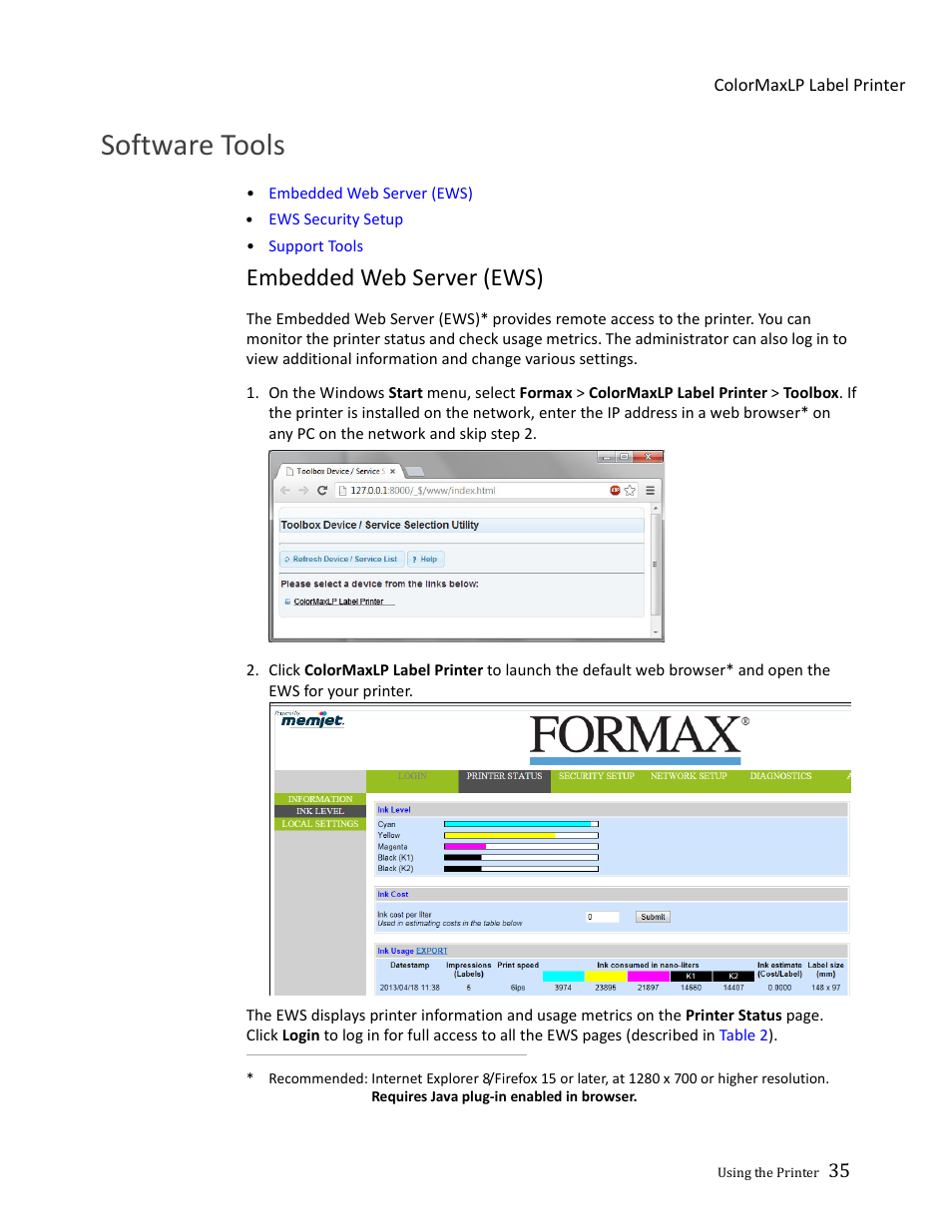 Software tools, Embedded web server (ews) | Formax ColorMaxLP Operator Manual User Manual | Page 35 / 86