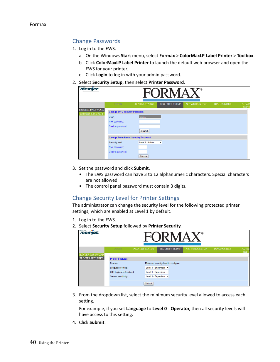 Change passwords, Change security level for printer settings | Formax ColorMaxLP Operator Manual User Manual | Page 40 / 86