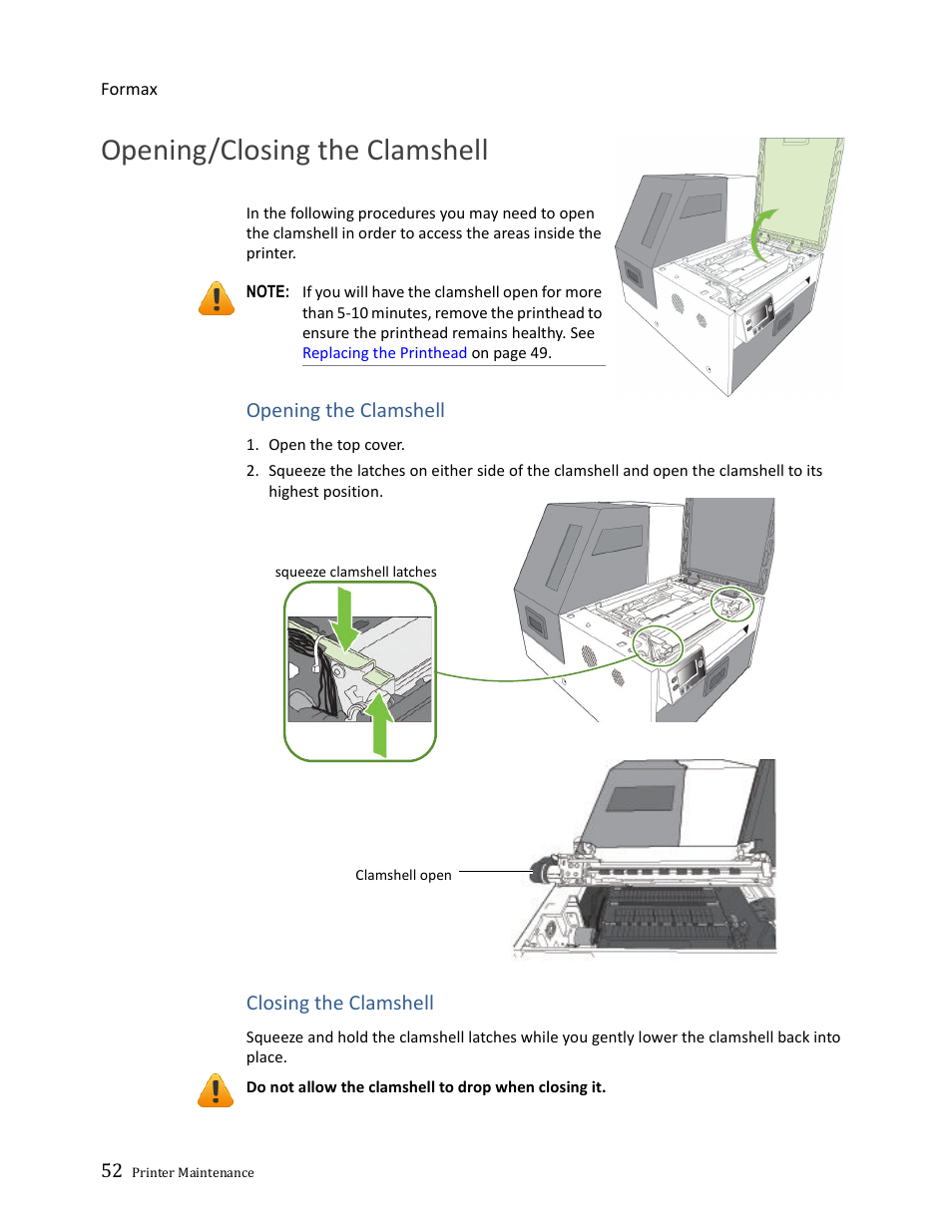 Opening/closing the clamshell | Formax ColorMaxLP Operator Manual User Manual | Page 52 / 86