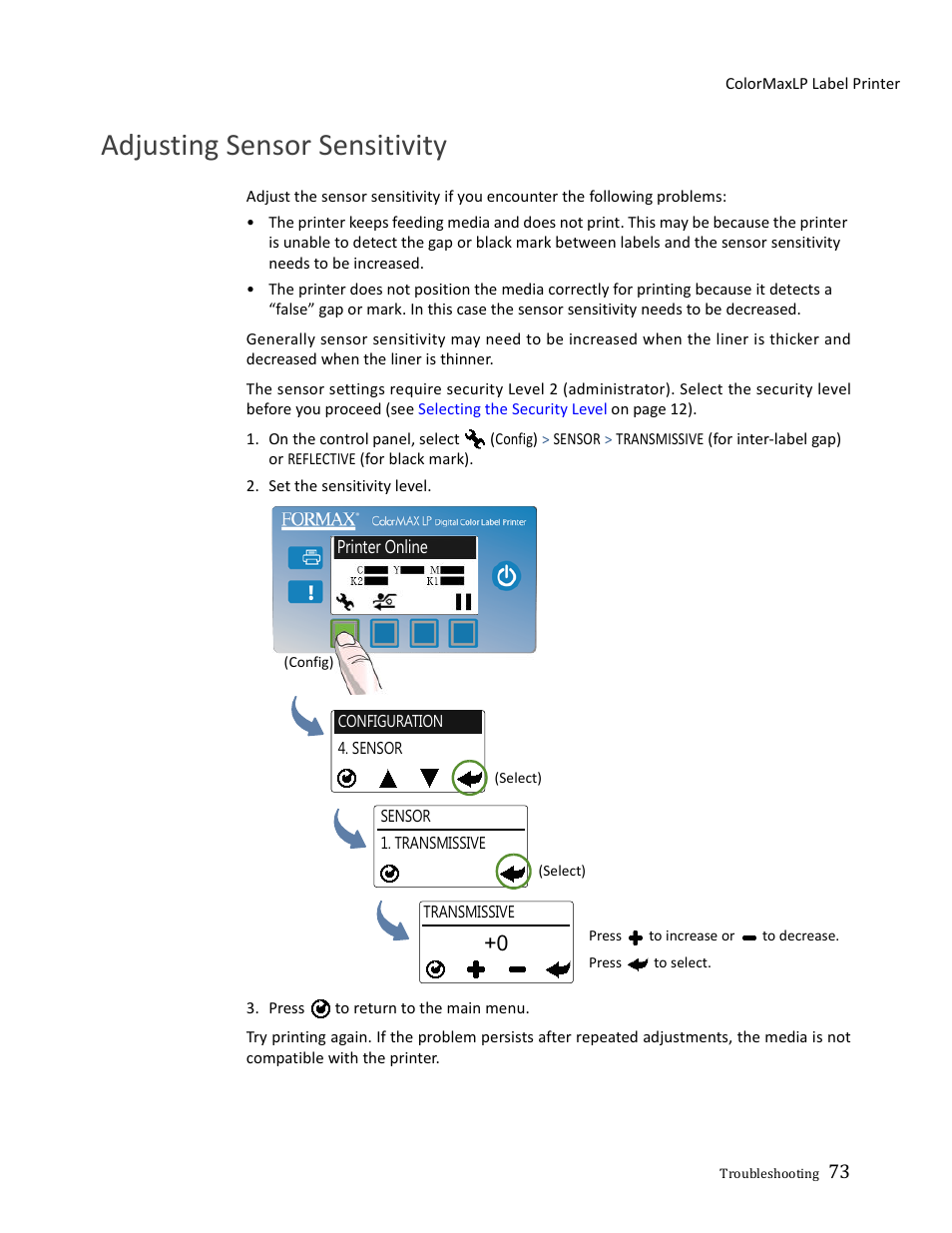 Adjusting sensor sensitivity | Formax ColorMaxLP Operator Manual User Manual | Page 73 / 86