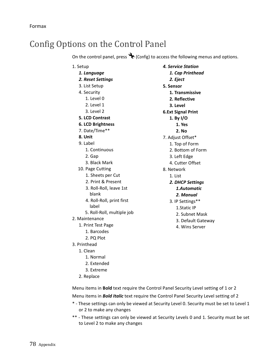 Config options on the control panel | Formax ColorMaxLP Operator Manual User Manual | Page 78 / 86