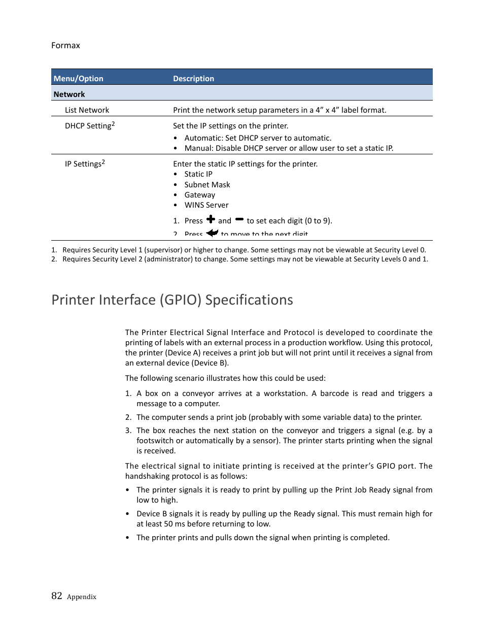 Printer interface (gpio) specifications | Formax ColorMaxLP Operator Manual User Manual | Page 82 / 86