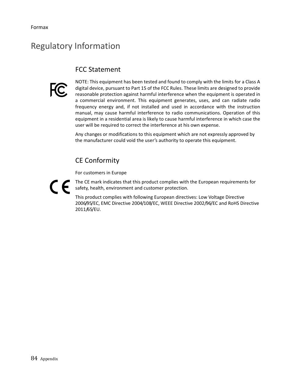 Regulatory information, Fcc statement, Ce conformity | Formax ColorMaxLP Operator Manual User Manual | Page 84 / 86