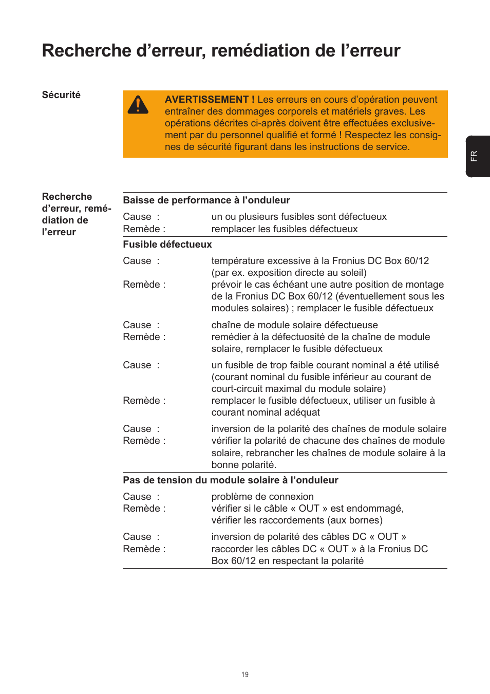 Recherche d’erreur, remédiation de l’erreur | Fronius DC Box 60/12 User Manual | Page 67 / 135